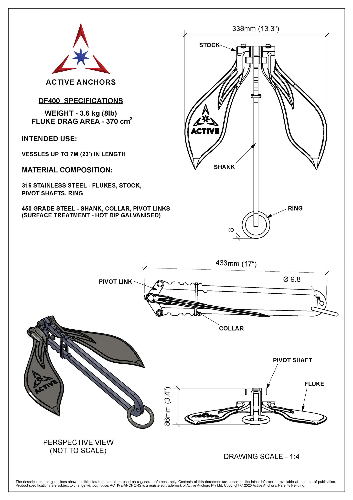 ACTIVE DF400 - Anchor for fishing boats & runabouts 4-6 Metres (14-20') in length